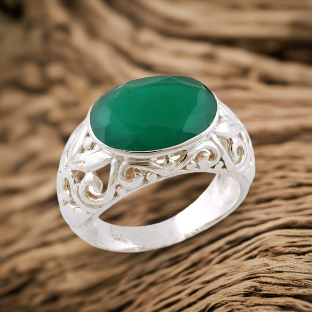 925 Sterling Silver Rings In Green Onyx Gemstone Jewelry 925SR3402