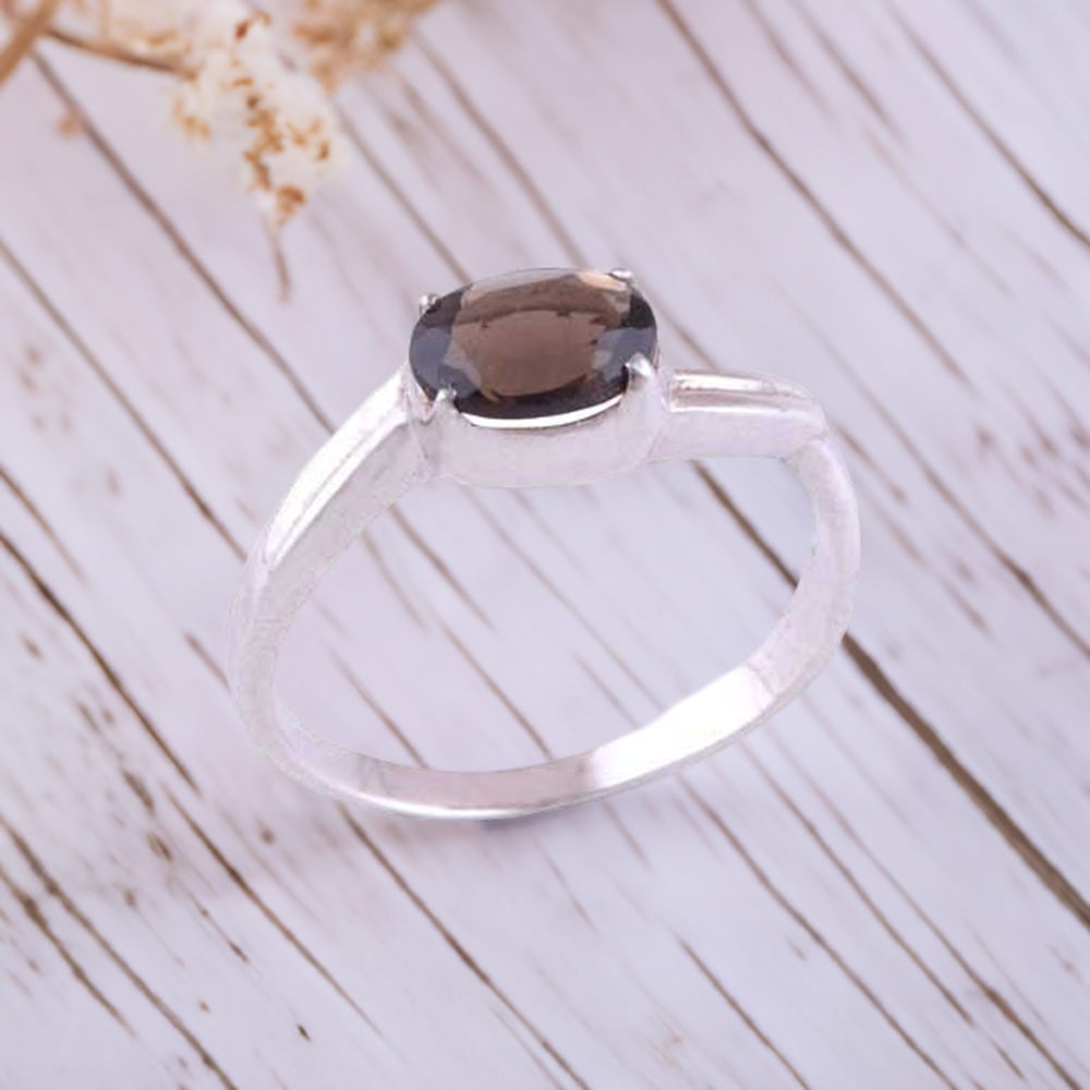 Fine 925 Sterling Silver Rings In Natural Smoky Quartz Gemstone 925SR3432