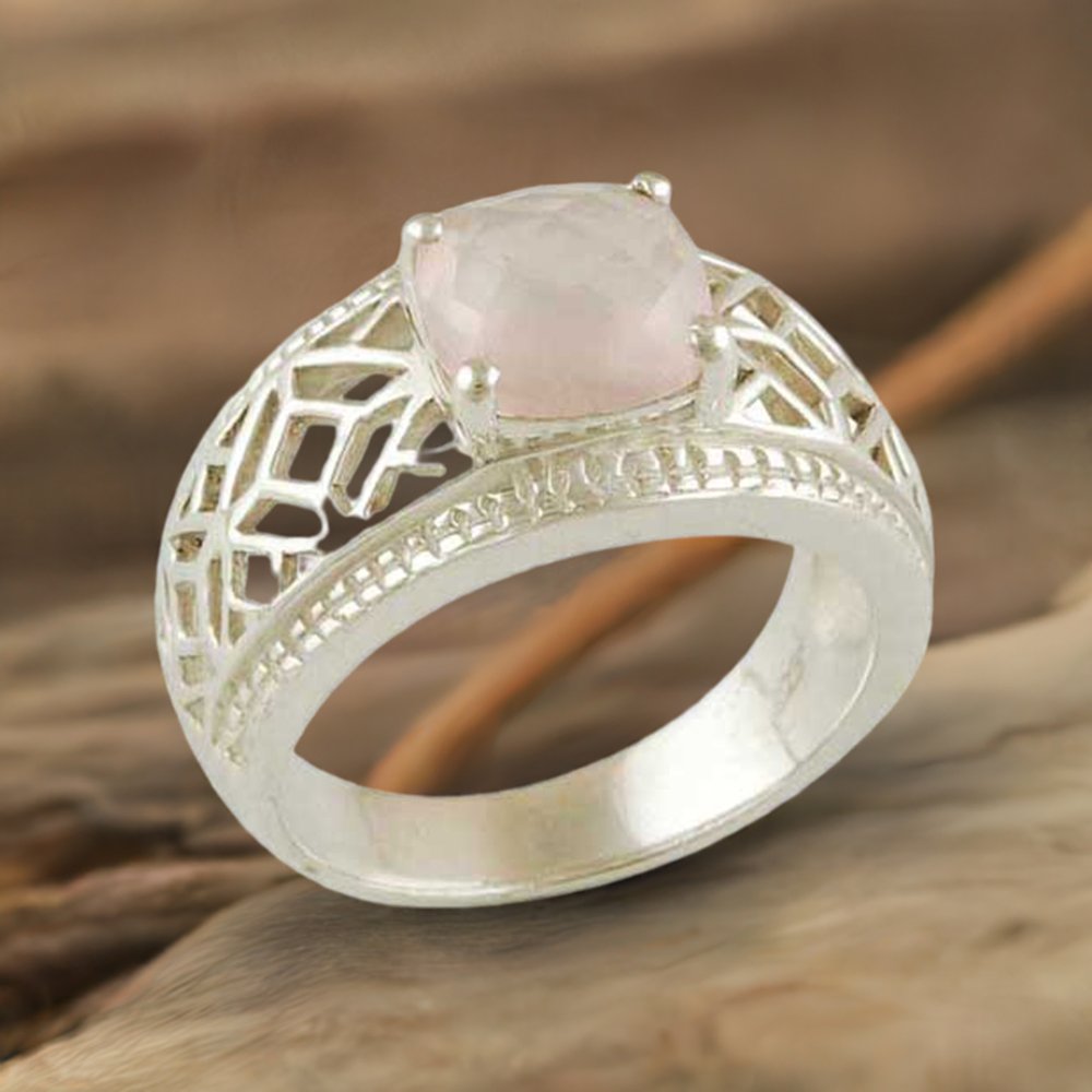 925 Sterling Silver Rings In Genuine Rose Quartz Gemstone 925SR3446