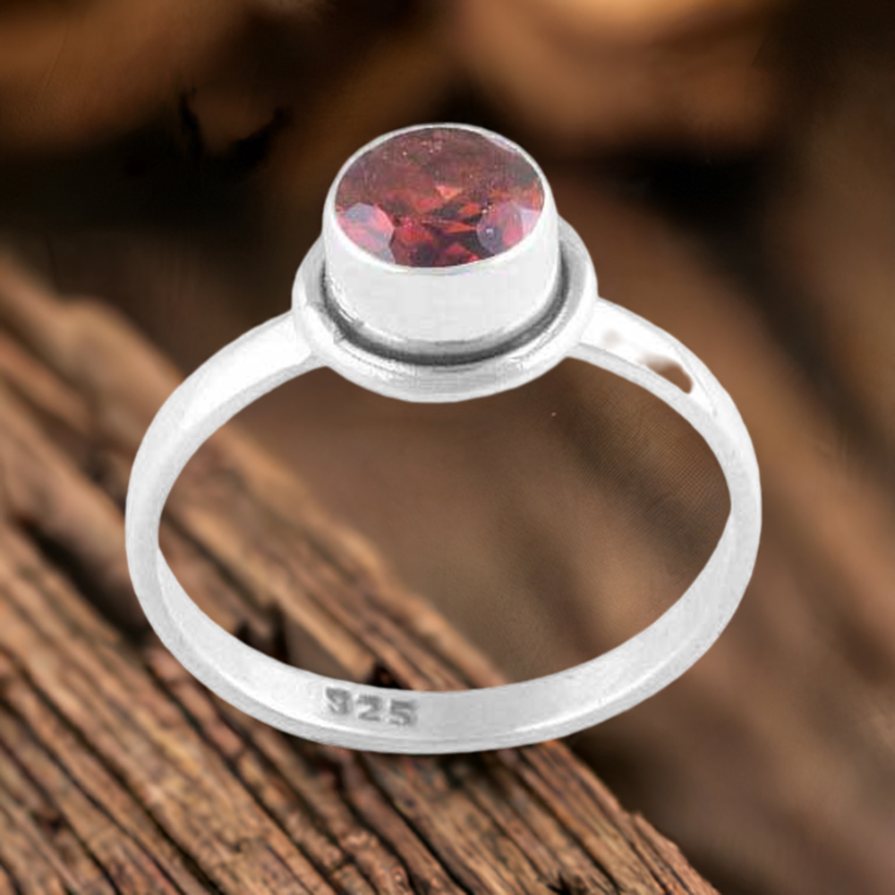 Faceted Garnet Gemstone Sterling Silver Wedding Rings 925SR3492