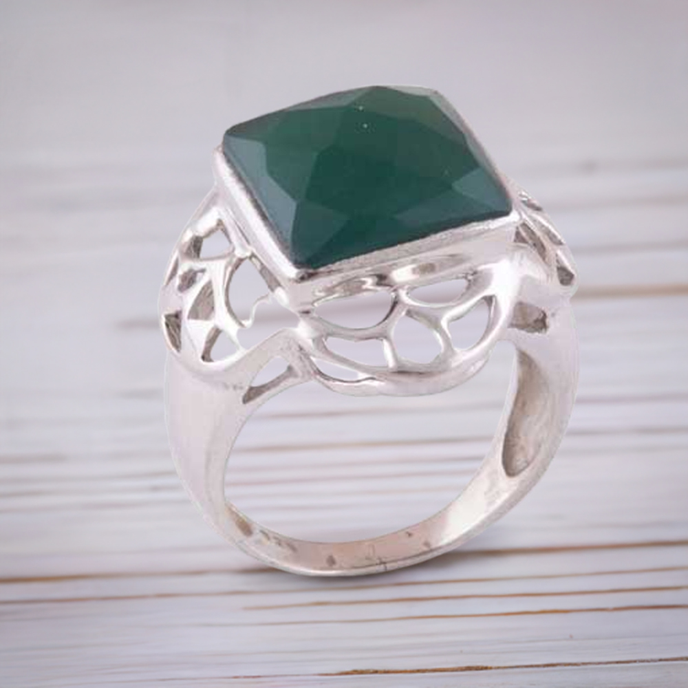 Natural Green Onyx Gemstone Rings In Solid 925 Silver 925SR3517