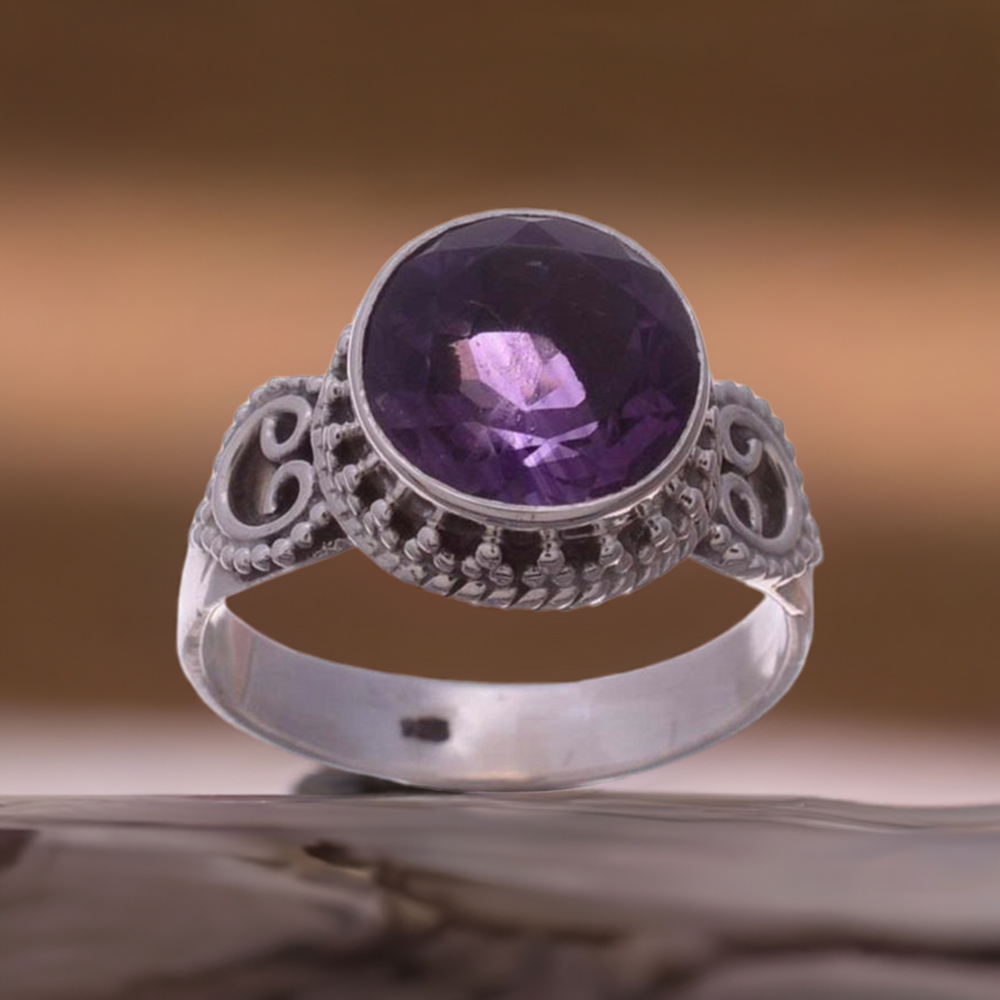 Round Amethyst Gemstone Sterling Silver Rings 925SR3653
