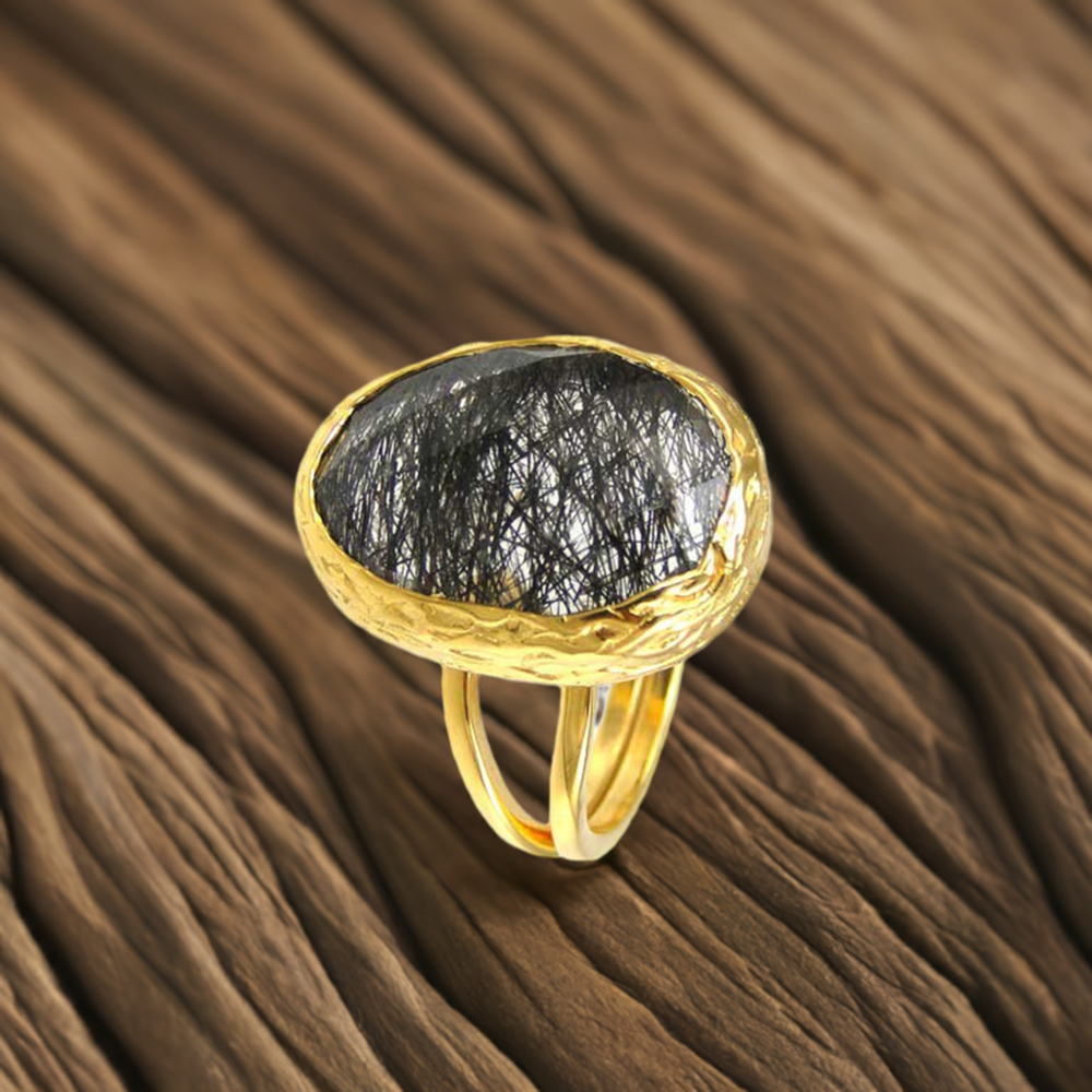 925 Sterling Silver Handmade Rings In Black Rutile Gemstone Jewelry 925SR3810