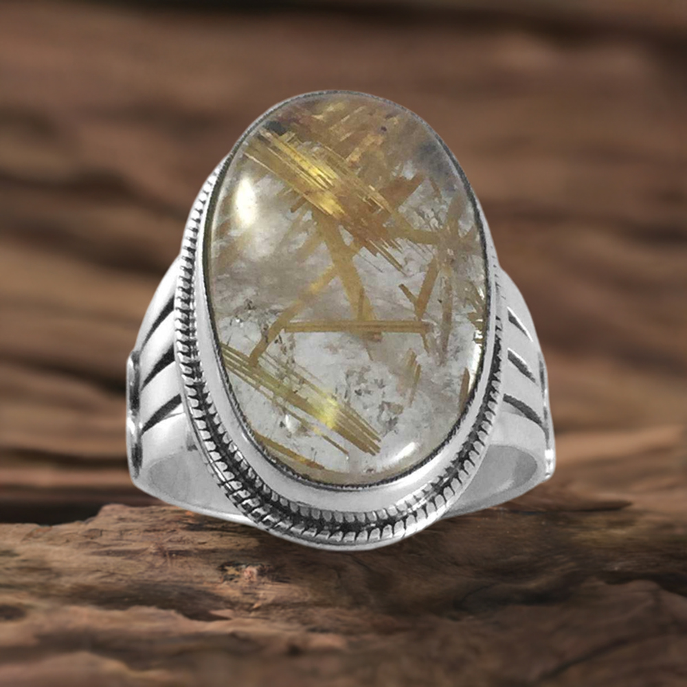 925 Sterling Silver Rings In Semi Precious Golden Rutile Gemstone 925SR3848