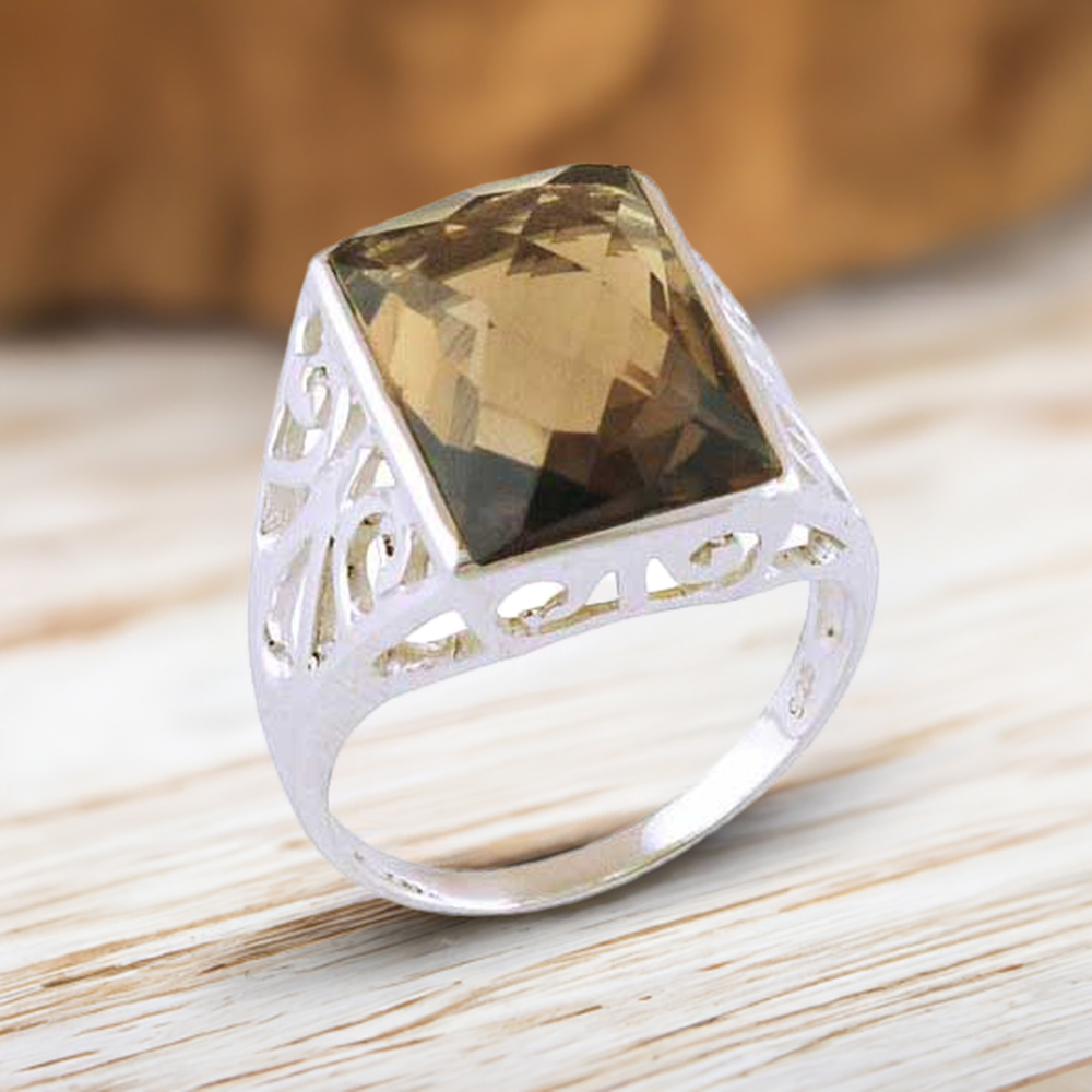 925 Sterling Silver Rings In Natural Smoky Quartz Gemstone 925SR3856