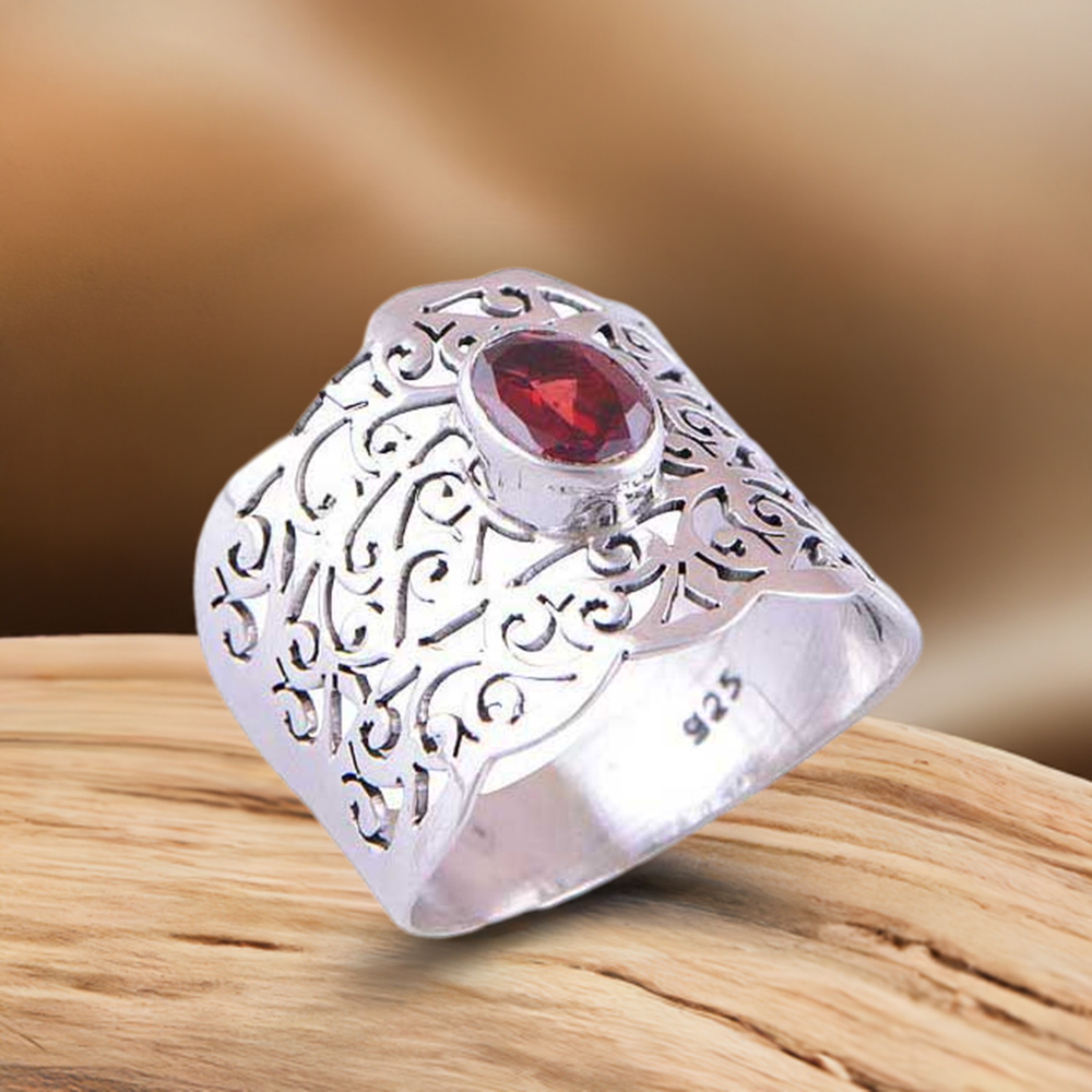 Filigree Design Silver Garnet January Birthstone Rings 925SR4085