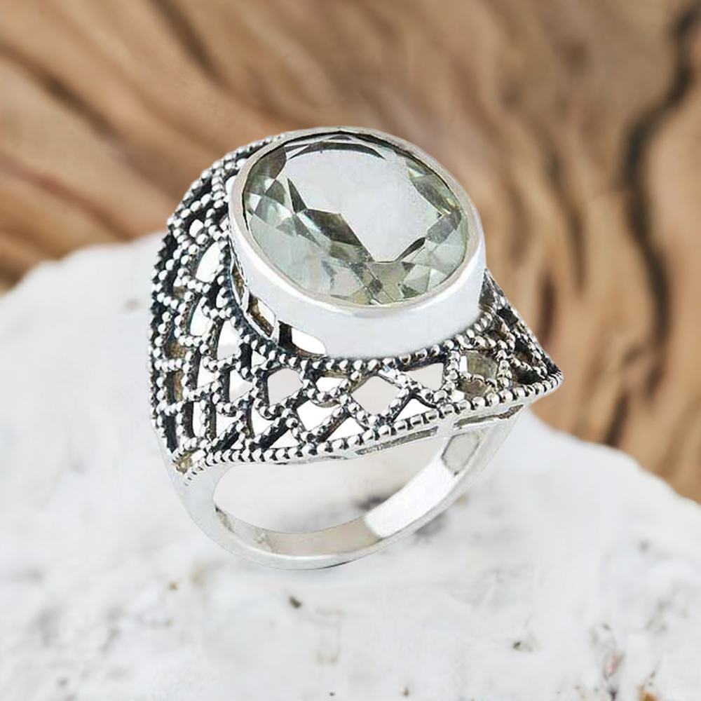 Handmade Green Amethyst Cut Stone Rings 925SR4091