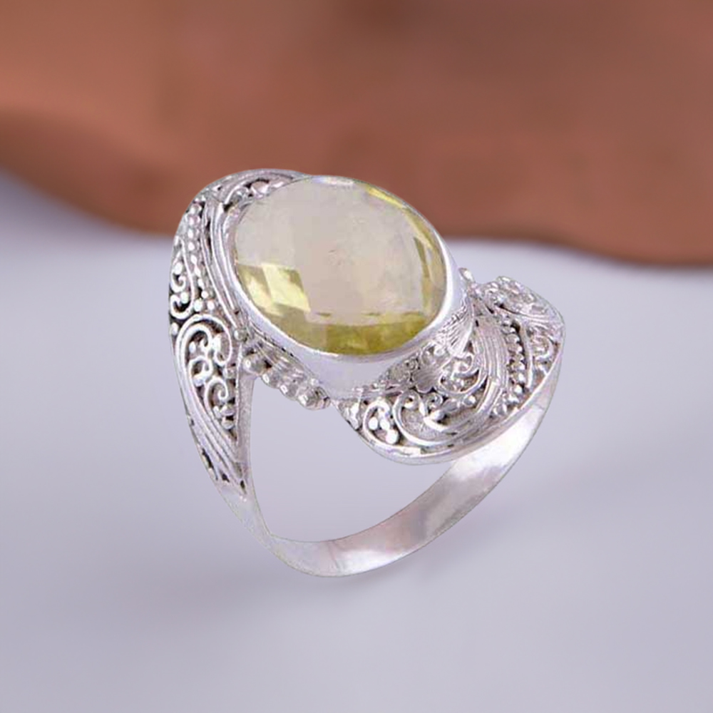 Lemon Citrine Ring, 2024 Lemon Quartz Genuine Gemstone 5+ct, 12mm Specialty Cut, Large Yellow Solitaire, 925 Sterling Silver 8 Prong Mounting