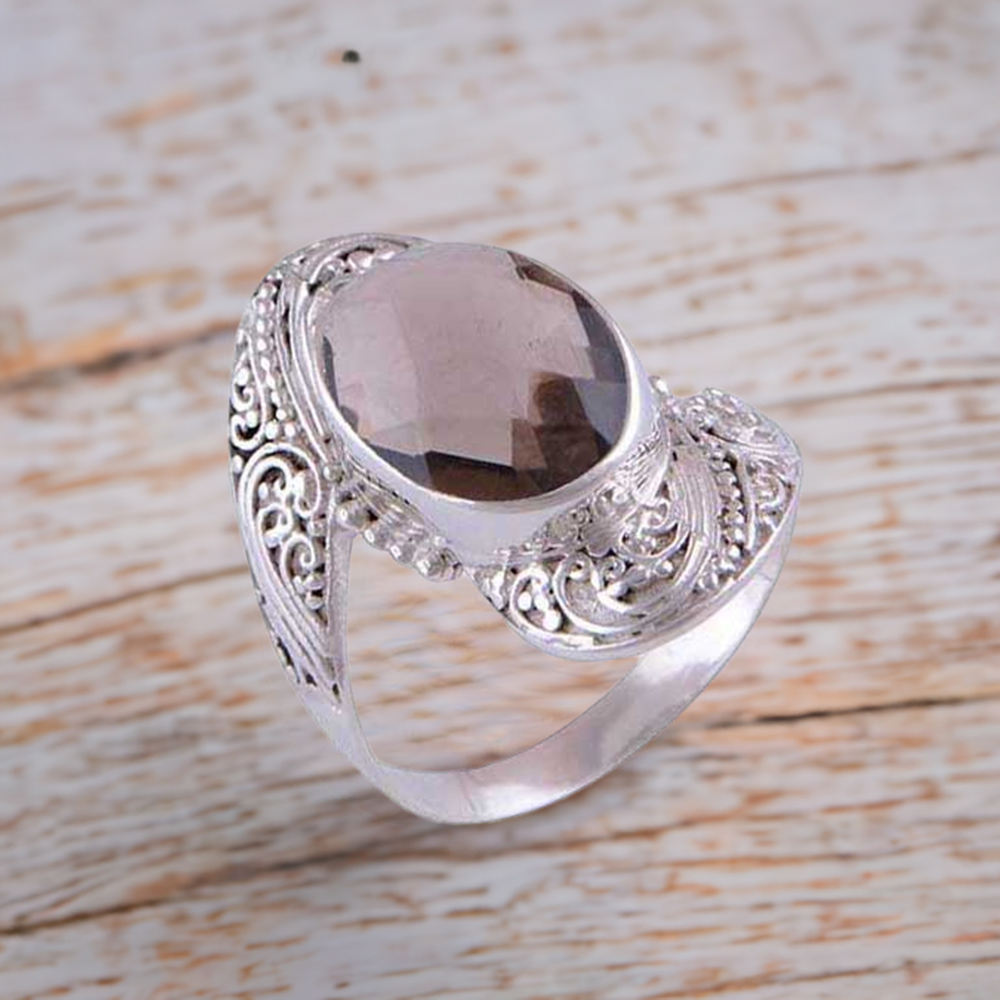 925 Sterling Silver Rings In Natural Smoky Quartz Gemstone 925SR4114