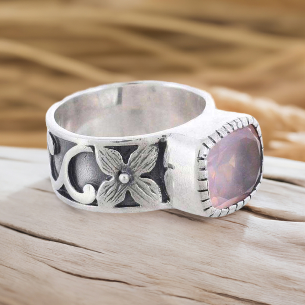925 Sterling Silver Handmade Rings In Rose Quartz Gemstone Jewelry 925SR975