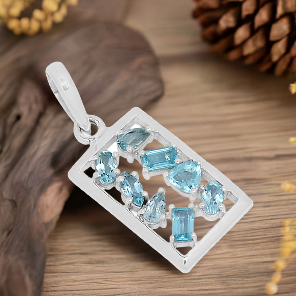 Fine Sterling Silver Pendants In Blue Topaz Gemstone Jewelry 925SSP305-1