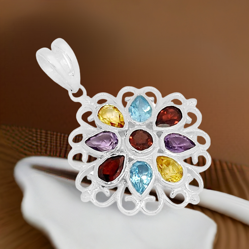 Solid Sterling Silver Handmade Pendants In Multi Stone Gemstone Jewelry 925SSP315-4
