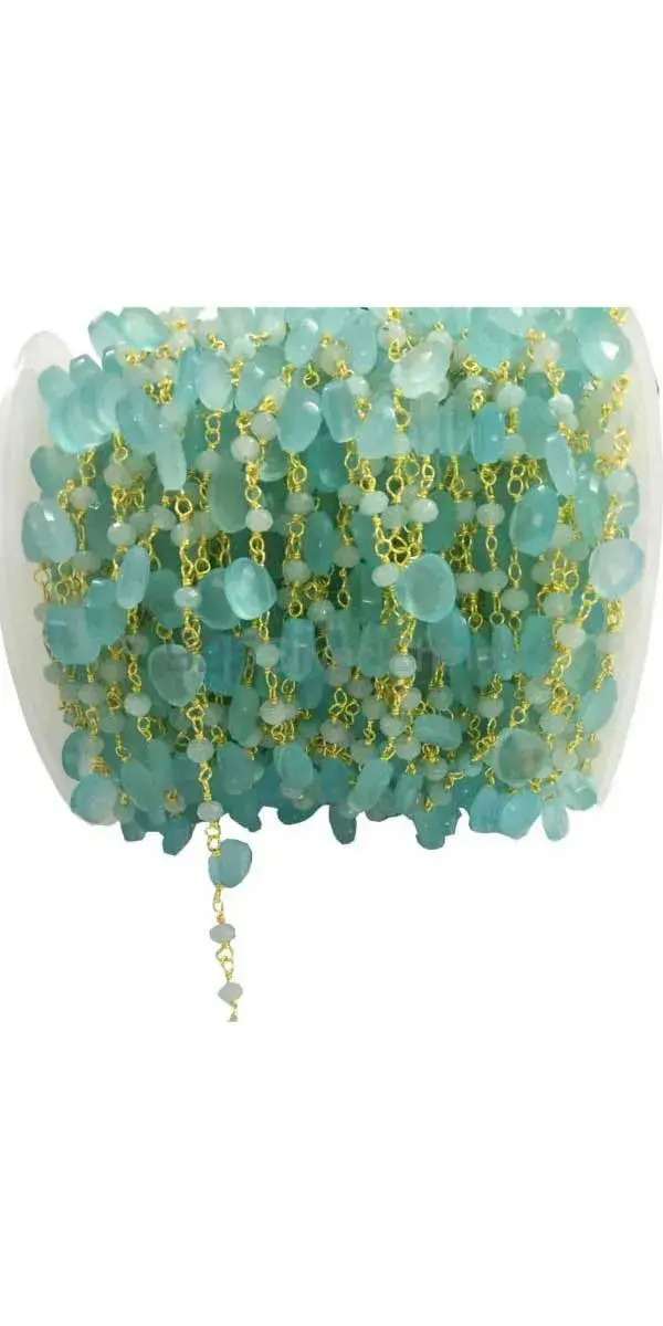 Aqua chalcedony Gemstone Rosary Chain. "Wire Wrapped 1 Feet Roll Chain" 925RC178_1