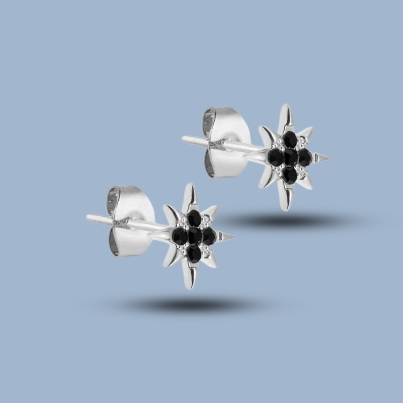 Black CZ Gemstone With 925 Sterling Silver Convertible Star Earrings 925She178_0