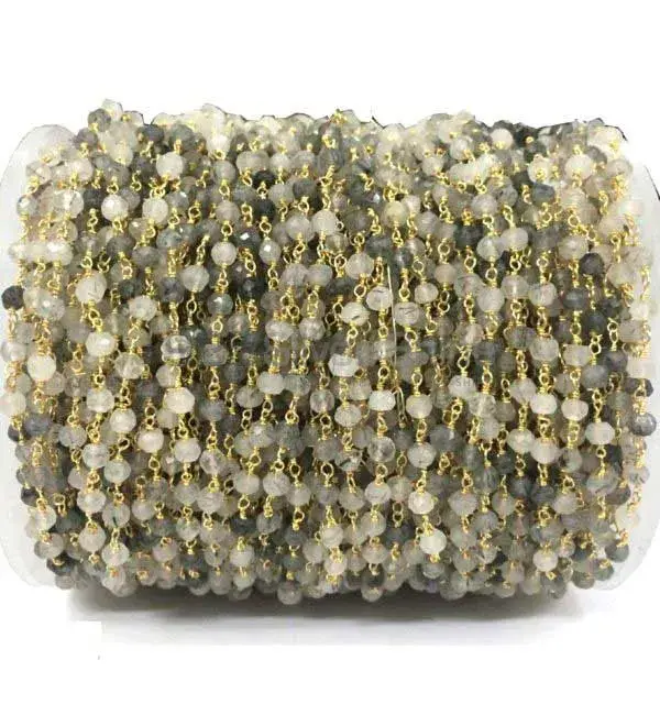 Black Rutile Quartz Gemstone Rosary Chain. "Wire Wrapped 1 Feet Roll Chain" 925RC184_0