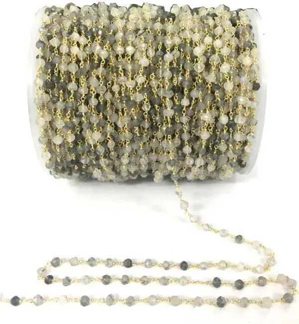 Black Rutile Quartz Gemstone Rosary Chain. "Wire Wrapped 1 Feet Roll Chain" 925RC184_1