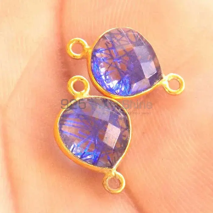 Blue Rutilated Pear Gemstone Double Bail Bezel Sterling Silver Gold Vermeil Gemstone Connector 925GC298_0