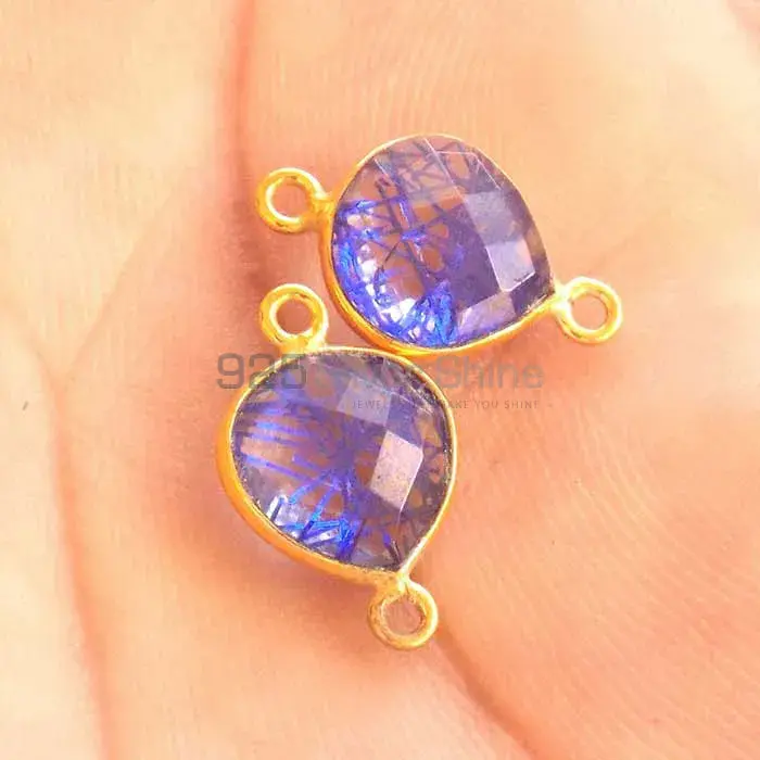 Blue Rutilated Pear Gemstone Double Bail Bezel Sterling Silver Gold Vermeil Gemstone Connector 925GC298_1