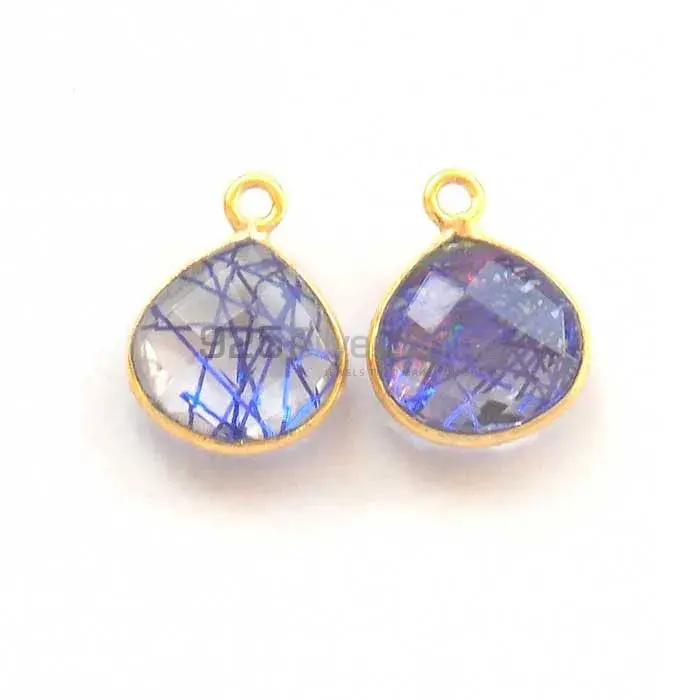 Blue Rutilated Pear Gemstone Double Bail Bezel Sterling Silver Gold Vermeil Gemstone Connector 925GC298_2