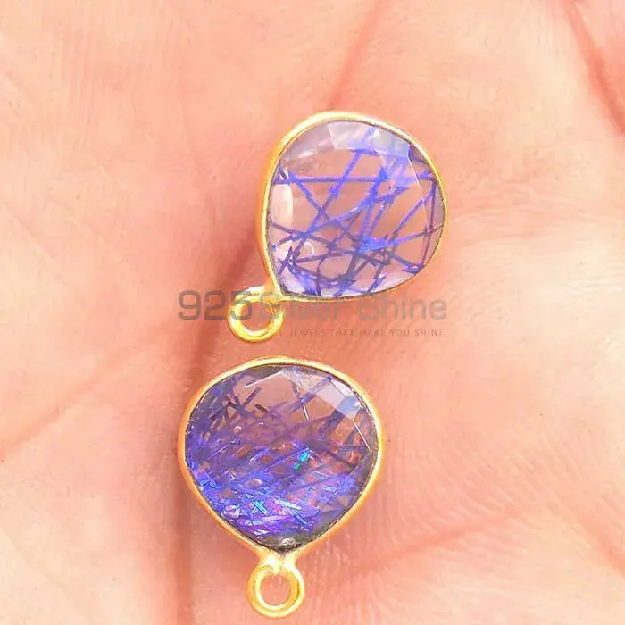 Blue Rutilated Pear Gemstone Double Bail Bezel Sterling Silver Gold Vermeil Gemstone Connector 925GC298_5