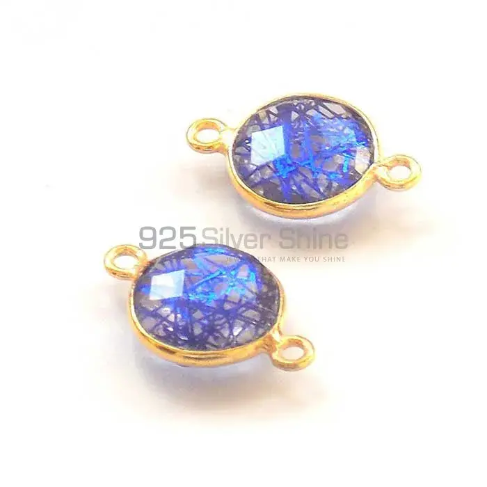 Blue Rutilated Round Gemstone Double Bail Bezel Sterling Silver Gold Vermeil Gemstone Connector 925GC297_1