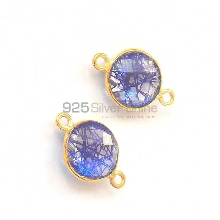 Blue Rutilated Round Gemstone Double Bail Bezel Sterling Silver Gold Vermeil Gemstone Connector 925GC297_2