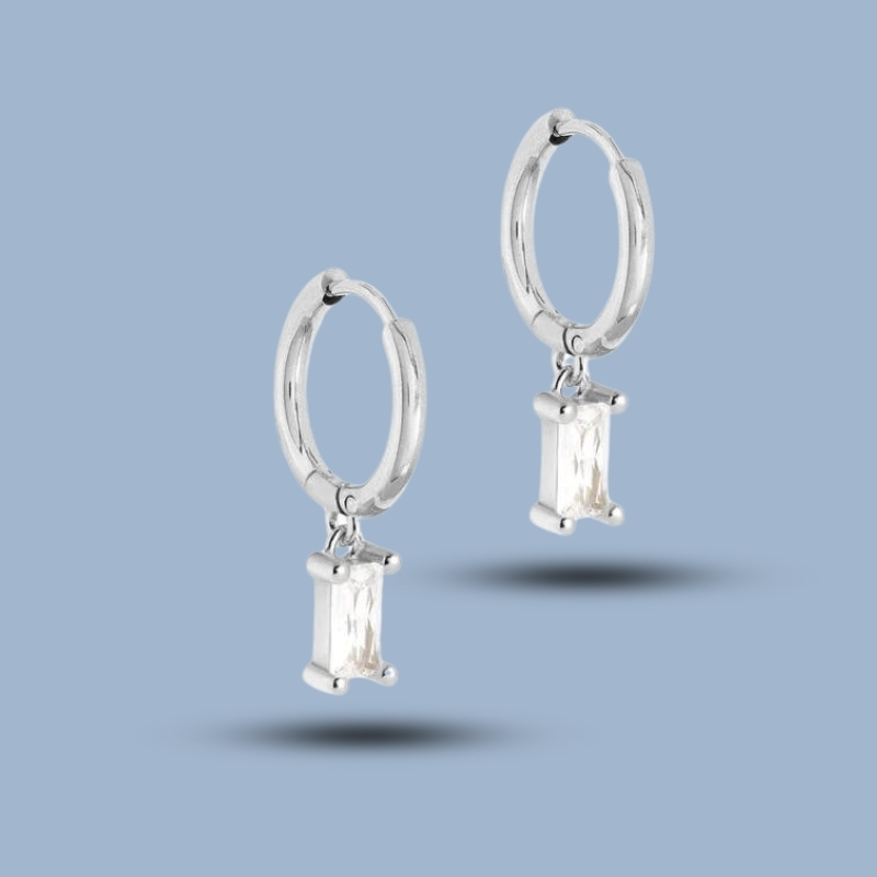 Cz Gemstone Baguette 925 Sterling Silver Tiny Hoop Earrings 925She286_0