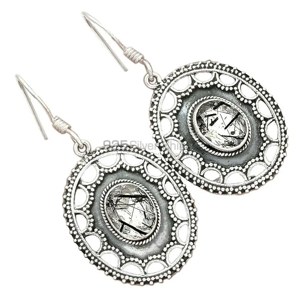 Fine 925 Sterling Silver Earrings In Genuine Black Rutile Gemstone 925SE2721_1