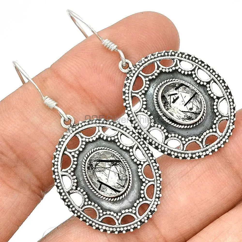 Fine 925 Sterling Silver Earrings In Genuine Black Rutile Gemstone 925SE2721_2