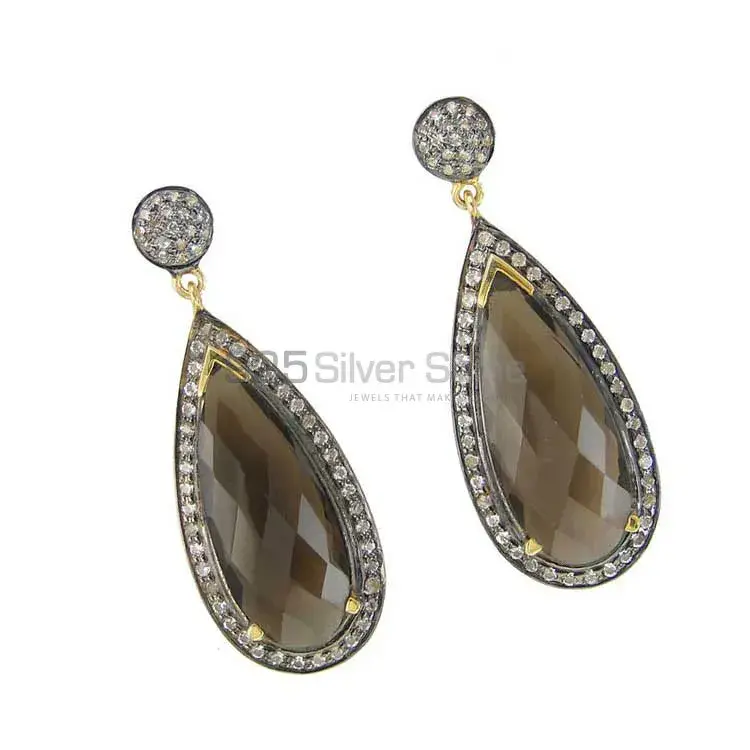 Fine 925 Sterling Silver Earrings In Genuine Smoky Quartz Gemstone 925SE2000_1