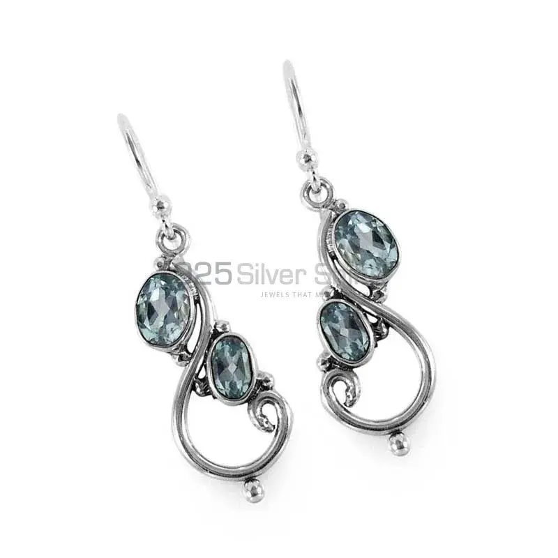 Fine 925 Sterling Silver Earrings In Semi Precious Blue Topaz Gemstone 925SE1324_1