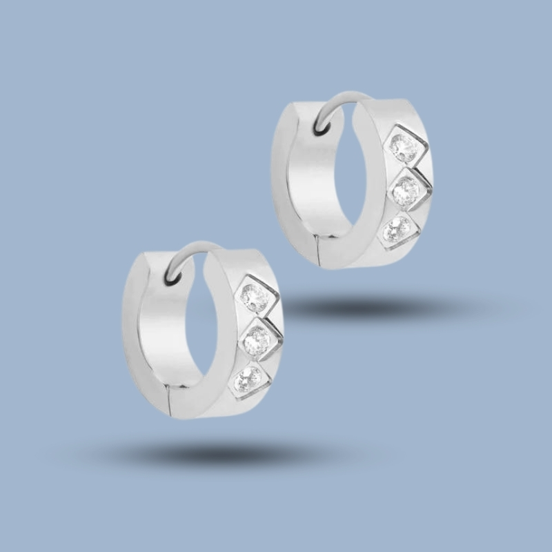 Handmade Cz Three Stone 925 Sterling Silver Ruthenium Hoop Earring 925She226_0