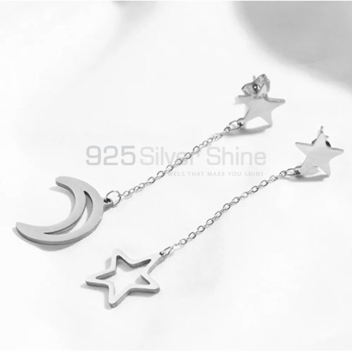 Handmade Star And Moon Stud Chain Earring In 925 Silver MOME383