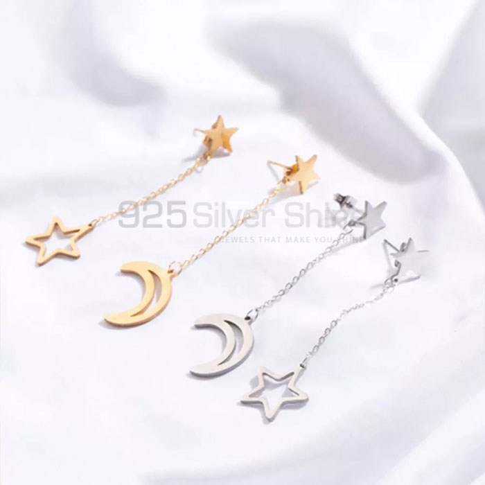 Handmade Star And Moon Stud Chain Earring In 925 Silver MOME383_1
