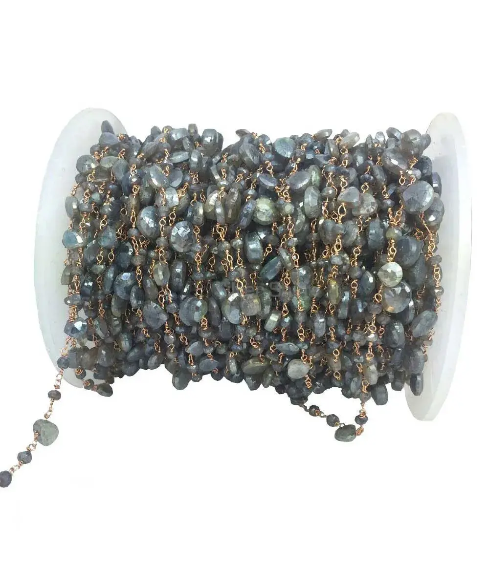 Labradorite Coated Gemstone Rosary Chain. "Wire Wrapped 1 Feet Roll Chain" 925RC180_0