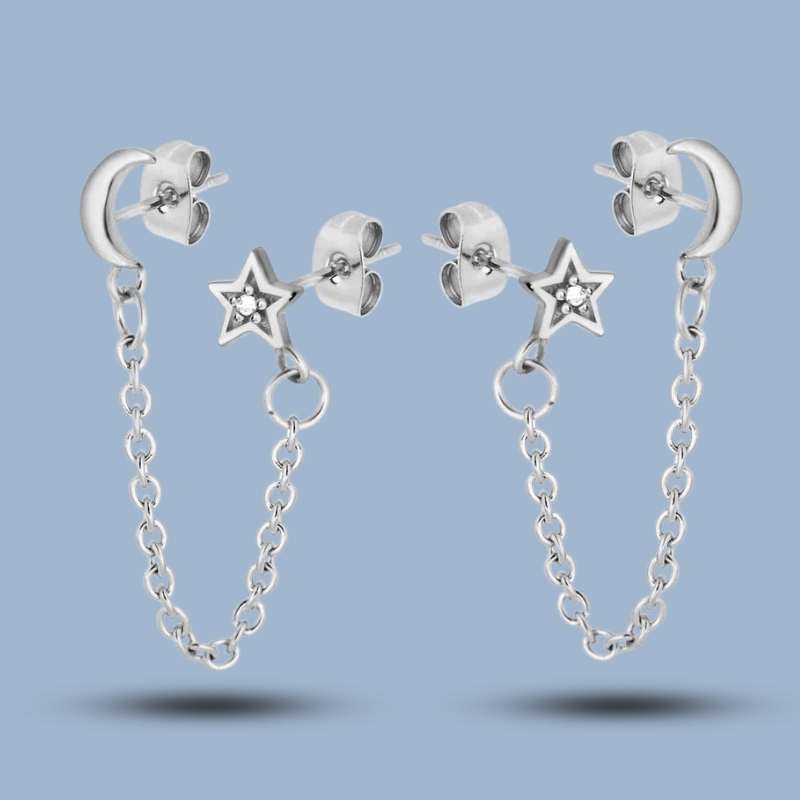 Moon Star Double 925 Sterling Silver Stacking Stud Earring 925She281_0