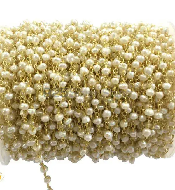Natural Pearl Gemstone Rosary Chain. "Wire Wrapped 1 Feet Roll Chain" 925RC211_0