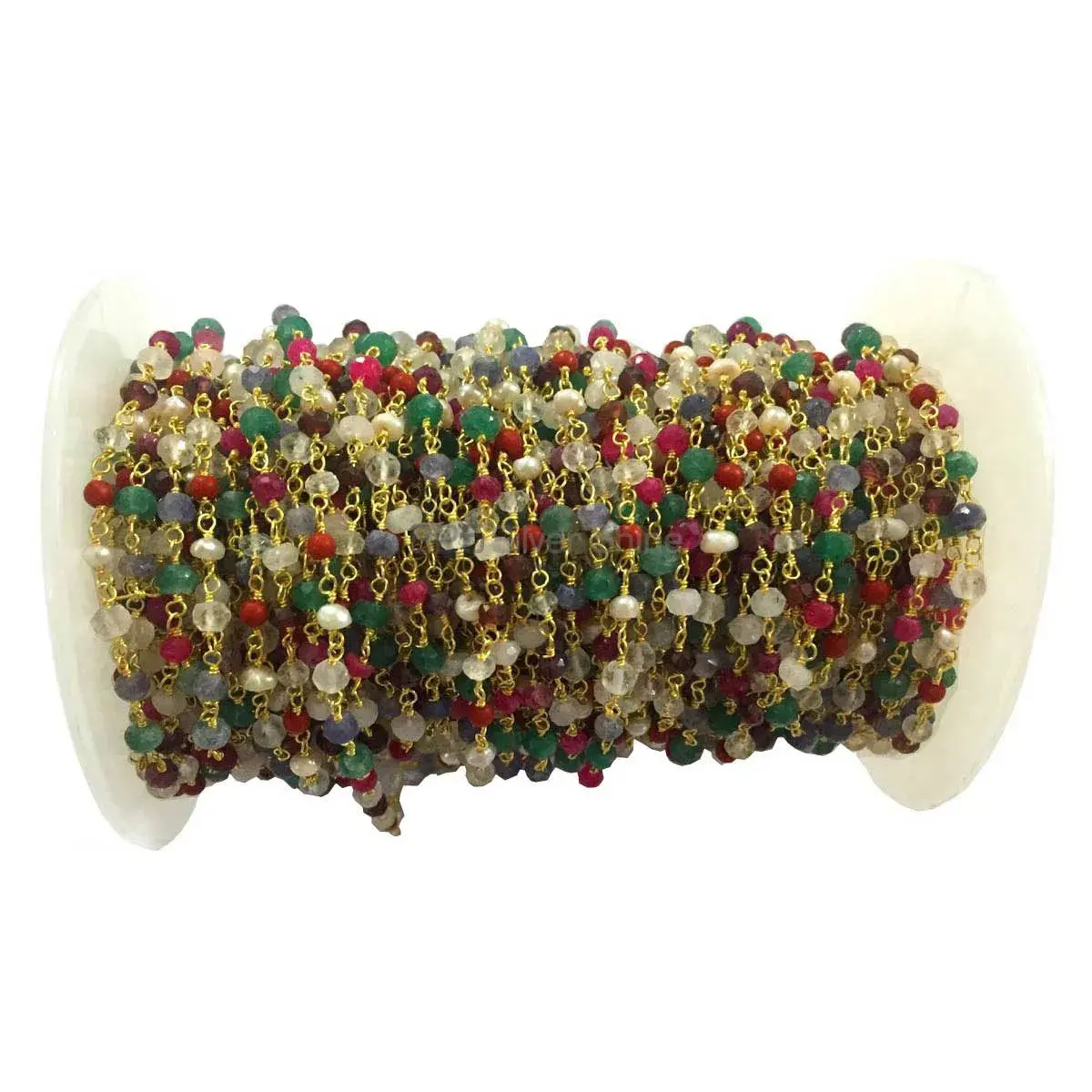 Navratna Multi Gemstone Rosary Chain. "Wire Wrapped 1 Feet Roll Chain" 925RC194_0