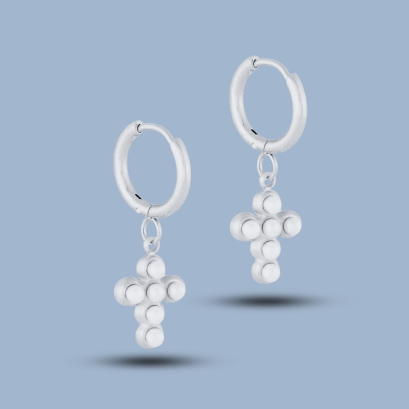 Pearl Gemstone With Cross Charm 925 Sterling Silver Hinged Segment Hoop Earring 925She139_0