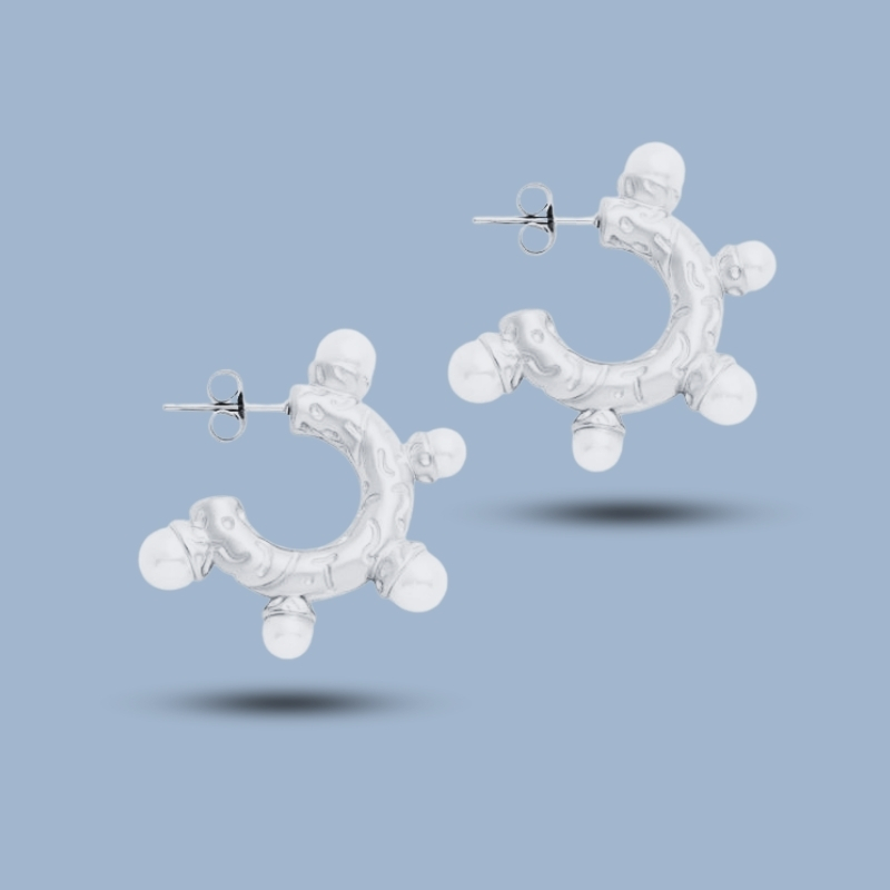 Pearl Stone Textured 925 Sterling Silver Bridesmaid Hoop Earring 925She154_0