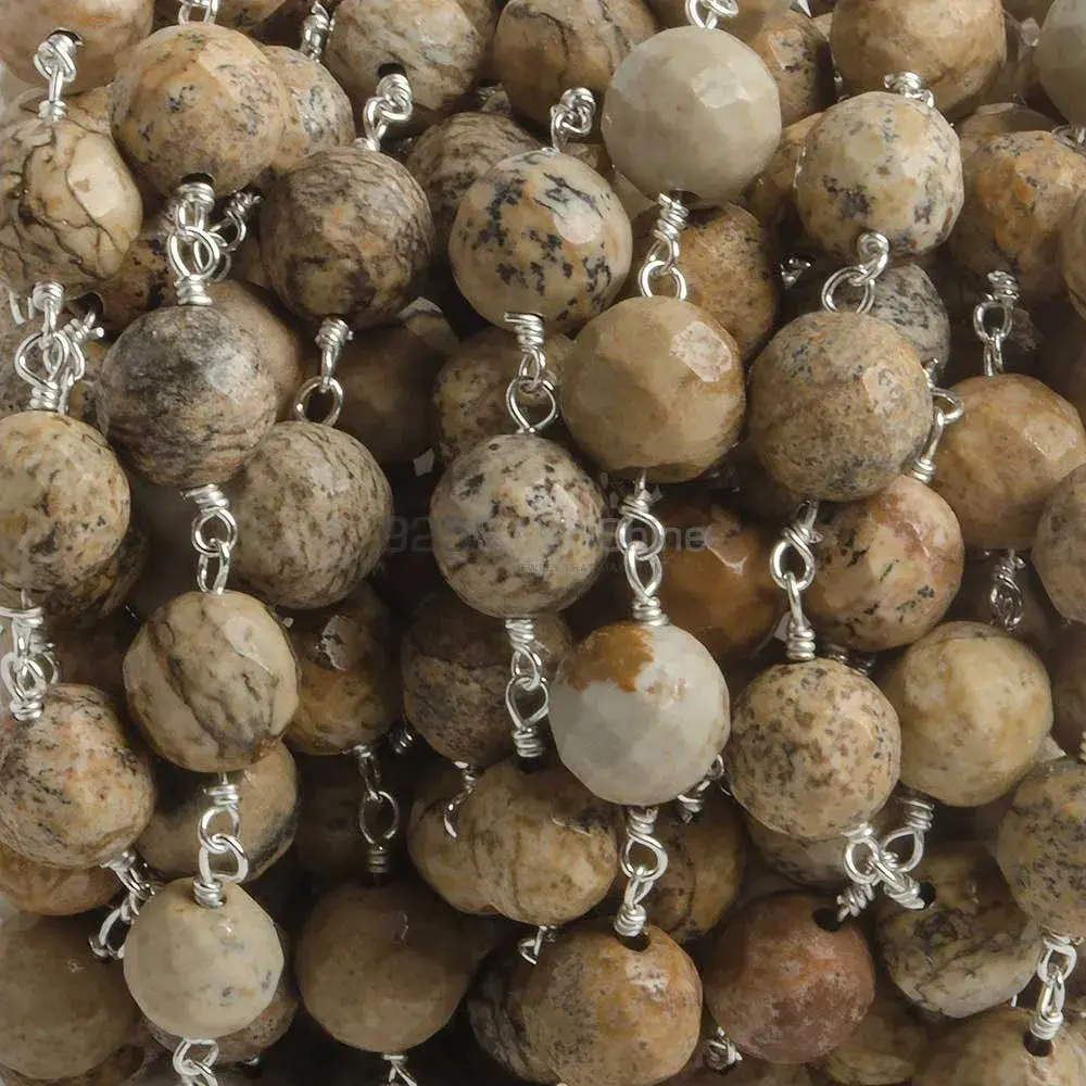 Picture Jasper Faceted Round Rosary Chain. "Wire Wrapped 1 Feet Roll Chain" 925RC169_0