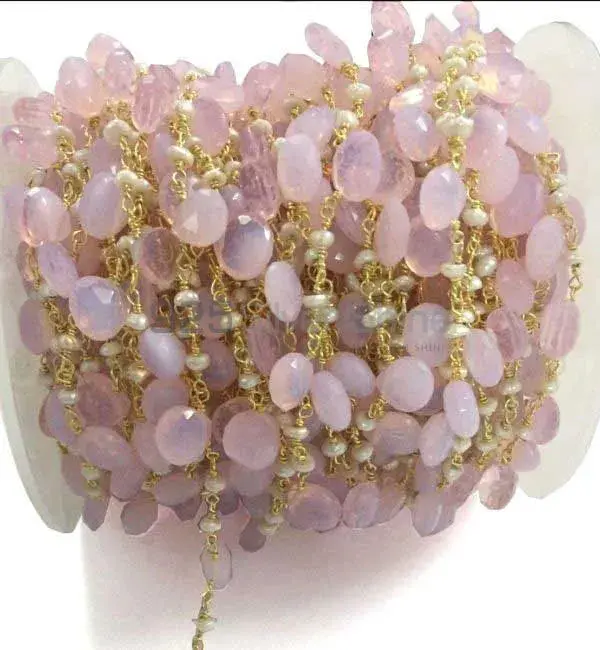 Rose Quartz Pearl Gemstone Rosary Chain. "Wire Wrapped 1 Feet Roll Chain" 925RC217_0