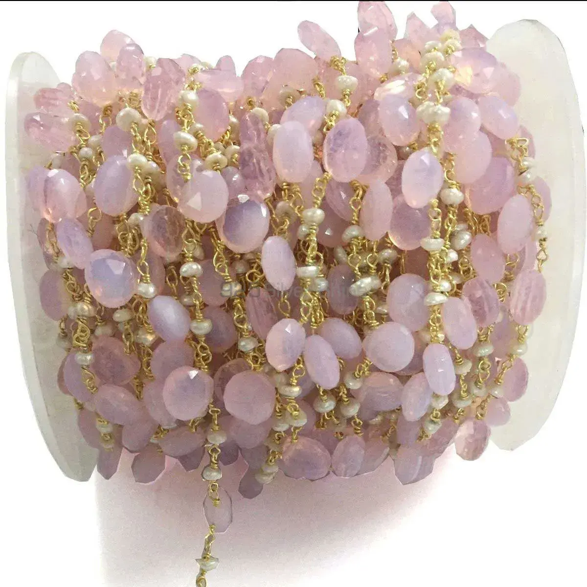 Rose Quartz Pearl Gemstone Rosary Chain. "Wire Wrapped 1 Feet Roll Chain" 925RC217_1