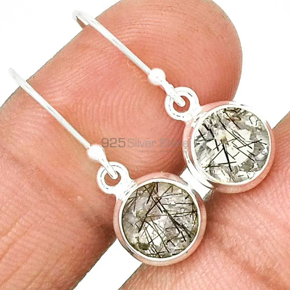 Semi Precious Black Rutile Gemstone Earrings In 925 Sterling Silver 925SE2723_1