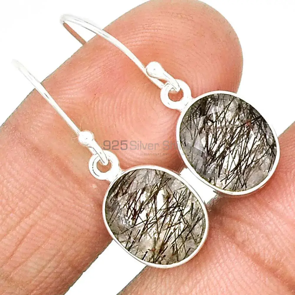 Semi Precious Black Rutile Gemstone Earrings In 925 Sterling Silver 925SE2723_3
