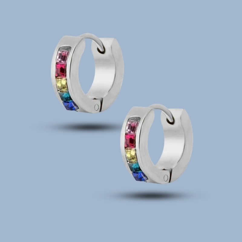 Seven Color Stone 925 Sterling Silver Ruthenium Hoop Earring 925She302_0