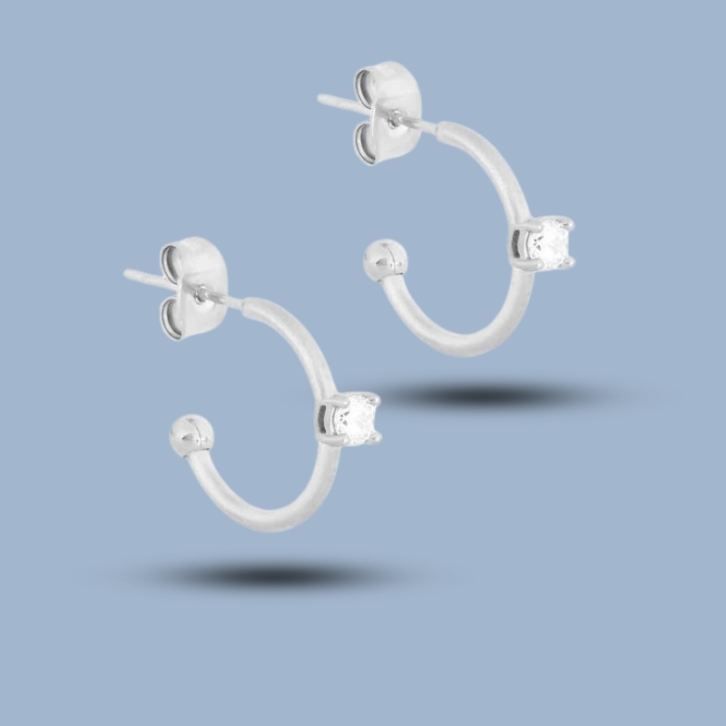 Single Cz Gemstone With 925 Sterling Silver Irregular Hoop Earring 925She258_0