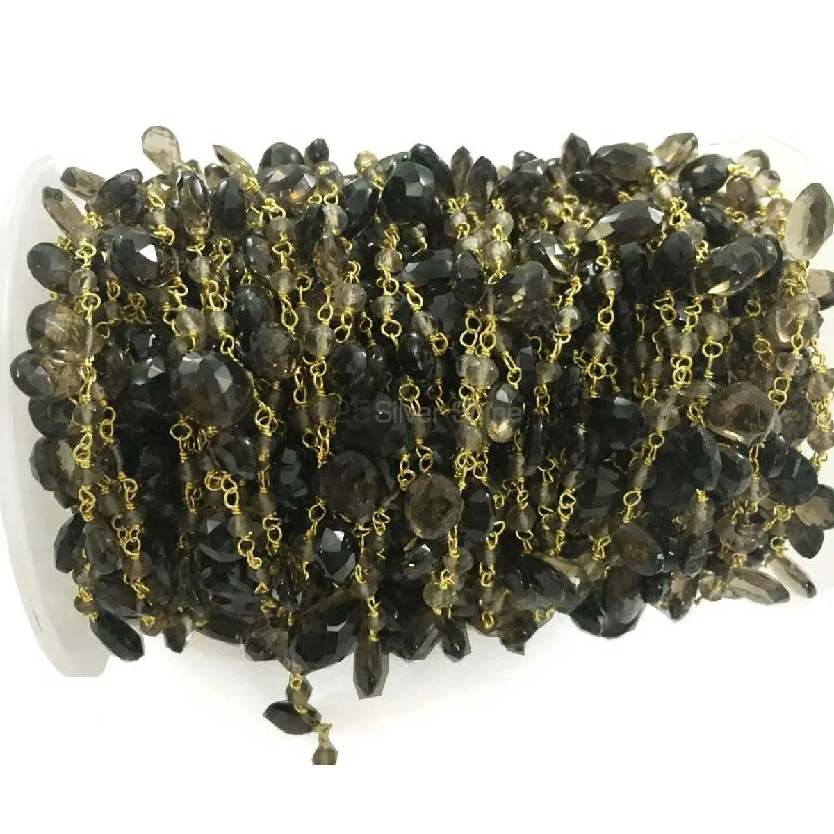 Smoky Quartz Gemstone Rosary Chain. "Wire Wrapped 1 Feet Roll Chain" 925RC227_1