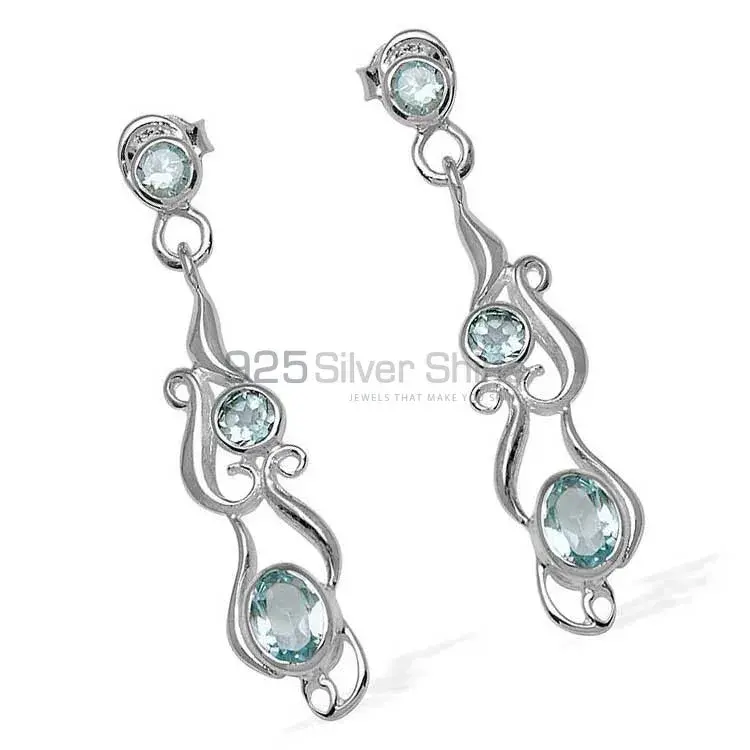 Solid 925 Silver Earrings In Natural Blue Topaz Gemstone 925SE776_1