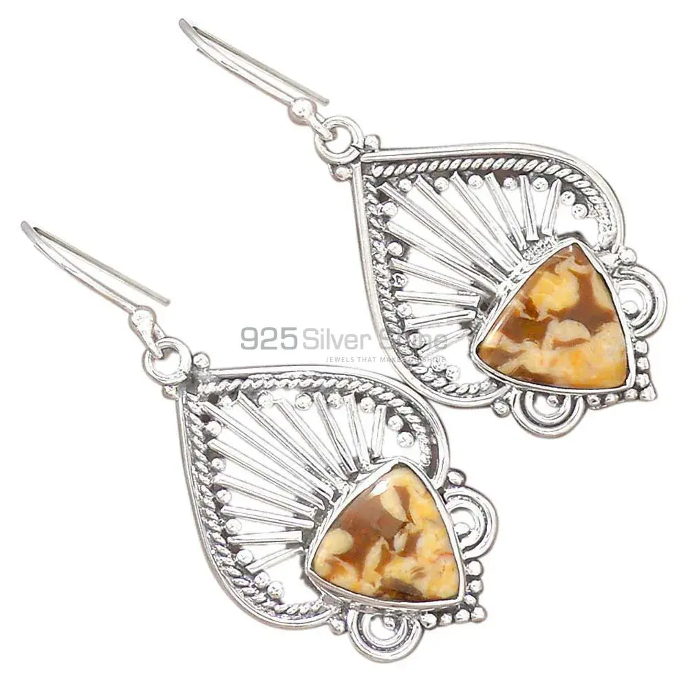Solid 925 Silver Earrings In Semi Precious Wood Jasper Gemstone 925SE2647_1